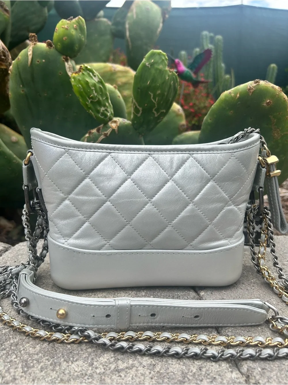 CHANEL Gabrielle - Small Quilted Crossbody Bag in Light Silver with CC Charm